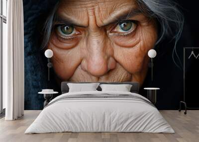 Elderly woman with piercing green eyes, expressive face, close-up portrait Wall mural