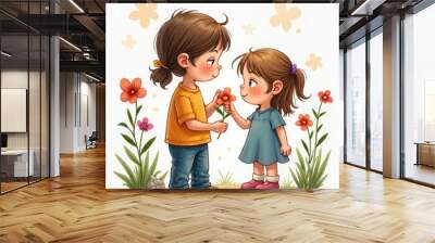 kid drawing mother daughter with flower Wall mural