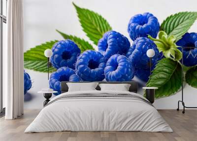 Close up of blue raspberries on white background Wall mural