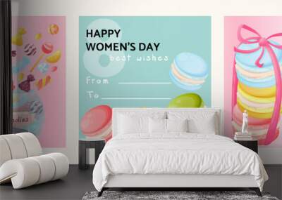 Set of three greeting cards for March 8. Postcards for World Women's Day. Card with sweets and macaroons. Gentle pink and turquoise cards for girls. Postcards from to with line Wall mural