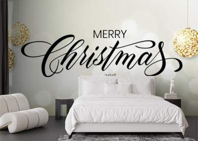 Merry Christmas background with blur bokeh light effect. Lettering Merry Christmas and Happy New Year Wall mural