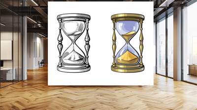 Old gold hourglass. Time concept. Ancient appliance for time measurement. Black and white and color variants. Vector illustration. Wall mural