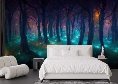 Magical  forest landscape with glowing lights in the darkness, purple, blue and dark brown background, Generative AI Wall mural