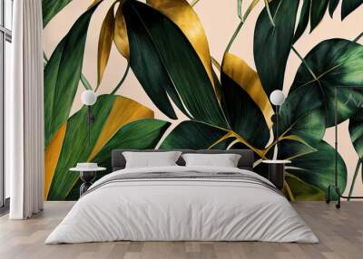 Organic lines of Golden and green banana leaves backdrop,  Generative AI	 Wall mural