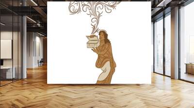 Pandora. Ancient Greek girl opening mysterious box. Let the genie out. Vase painting style. Isolated vector illustration. Wall mural