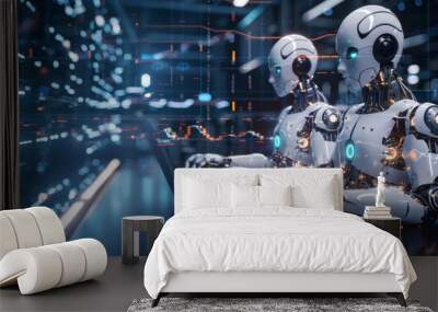 A team of robot programmers work in an office at a computer. The world of new technologies in the future. Wall mural