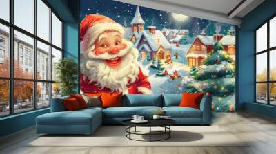 Merry Santa Claus wishes you a Merry Christmas and a Happy New Year. Winter invitation, card and template for winter holidays. Wall mural