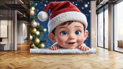 Portrait of a baby wearing a Santa Claus hat on Christmas Eve during the holiday. New Year's Holiday. People's lifestyle. He is waiting for Santa Claus. Wall mural