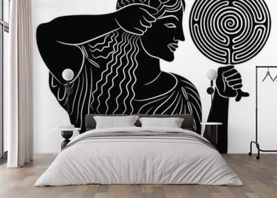 Pretty ancient Greek girl holding a round spiral maze or labyrinth symbol as a mirror. Ariadne. Creative philosophical concept. Black and white silhouette. Antique woman combing her hair. Wall mural