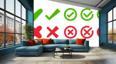 Right and wrong buttons. Yes or no check mark icons in green tick box and red cross. Set of red X and green check mark. 
Tick and X mark icon for apps and websites Wall mural