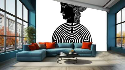 Round spiral maze or labyrinth symbol with a head of antique woman. Ariadne. Mystery of goddess. Black and white silhouette. Wall mural