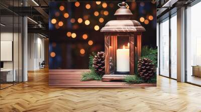  Christmas lantern with a candle and fir branches with cones Wall mural