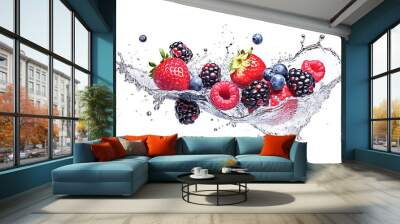 AI generative.  Fresh berries with water splash on white Wall mural