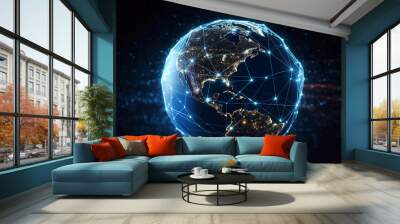 AI generative. Global communication network concept network dots surrounding planet earth Wall mural