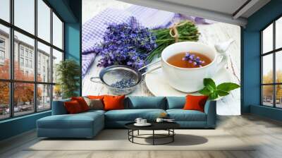 Cup of tea and lavender flowers Wall mural