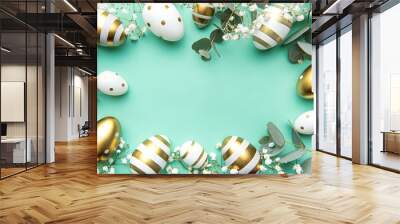 Easter eggs painted in gold and eucalyptus branches on a soft green background. Wall mural