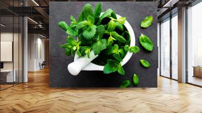 Fresh mint leaves in mortar on stone table. Top view Wall mural