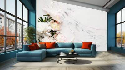 Pink peonies on a marble background Wall mural