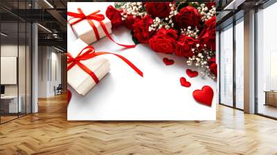 valentine gift box and red roses bouquet Wall mural