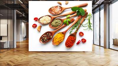 Various spices isolated on white background, top view Wall mural