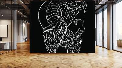 Sculpture head of ancient Greek horned god Zeus Ammon. Hand drawn linear doodle rough sketch. White silhouette on black background. Wall mural