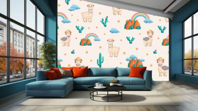 Seamless pattern with lamas, cacti, clouds, rainbow, mountains and flowers on a light orange background Wall mural