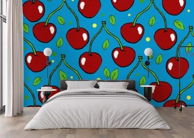 Seamless pattern with two ripe cherries, summer seasonal fruits, fruit print, juicy red cherries, vector illustration in doodle style. Wall mural