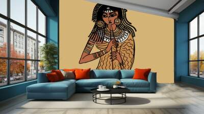 Seated ancient Egyptian girl playing flute. Hand drawn colorful rough sketch. On yellow background. Wall mural