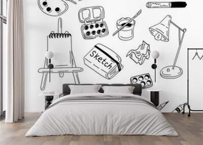 Set of hand drawn doodle cute artist things. Vector isolated outline elements onn white background. Brushes, pencils, paints, sketchbook. Sketch design. Perfect for coloring pages, stickers, tatoo Wall mural