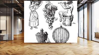 Set of hand drawn elements for wine design Wall mural