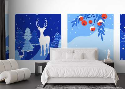 Set of Happy Holidays and Winter landscapes backgrounds. Trendy square banner templates for social media stories and post. Winter snowy landscape. Wall mural