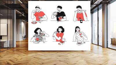 Set of happy people eating delicious fast food. Bad snack. Unhealthy Lifestyle. Vector fashion flat illustration Wall mural