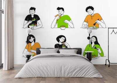 Set of happy people who eat delicious healthy food. Balanced menu. Diet. Healthy lifestyle. Vector trendy flat illustration Wall mural