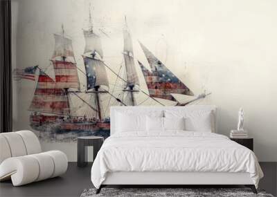 Ship with sails and American flag USA, double exposure on white background with free space for text. USA travel, adventure concept. Christopher Columbus Day postcard Wall mural