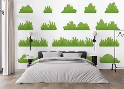 Shrubs and green bushy plants cartoon. Bush of different shapes park plants set. Vector flat cartoon illustration isolated on white. Wall mural