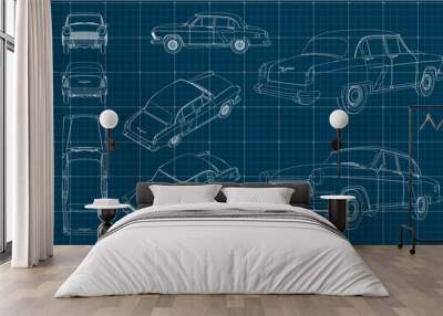 Soviet retro car. Car in three projections with perspective and isometry. Scale model of transport. Blueprint. Wall mural