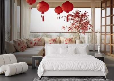 Spacious, bright living room with large windows, a cozy sofa with showers, decorated in honor of the Chinese New Year with traditional red Chinese lanterns Wall mural