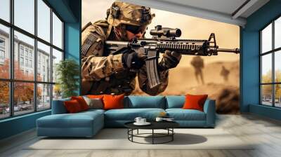 special forces soldier, soldier in uniform lies on the ground, holds a machine gun, aims to shoot during combat operations in the desert, war, special operation Wall mural