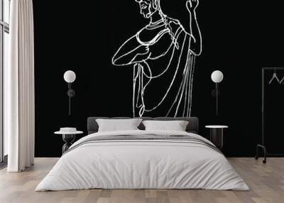 Standing ancient Greek goddess Athena. Hand drawn linear doodle rough sketch. White silhouette on black background. Wall mural