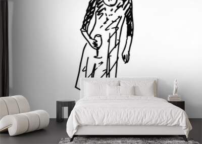 Standing pretty young woman holding glass of wine. Female portrait. Hand drawn linear doodle sketch. Black and white rough silhouette. Wall mural