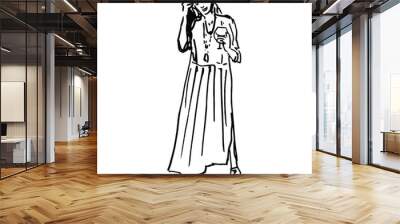 Standing young lady il long dress holding glass of wine. Female portrait. Hand drawn linear doodle rough sketch. Black silhouette on white background. Wall mural