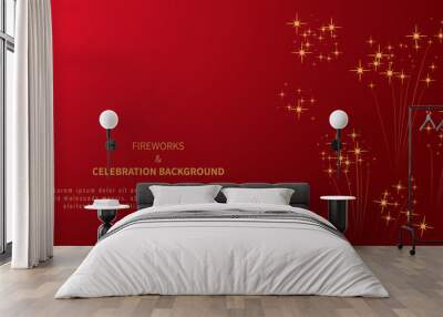 Starry fireworks on red background with place for text. Design element for holiday banner, poster, flyer, greeting card or invitation template. Happy New year. 4th of july. Independence day. Vector Wall mural