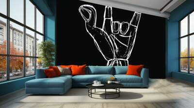 Stylized human hand showing two fingers. Apotropaic Sign of the horns gesture against bad luck. Antique ancient Greek or Roman deign. Hand drawn linear doodle rough sketch. White silhouette on black. Wall mural