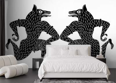 Symmetrical animal design with two fantastic wolf men. Ancient Etruscan vase painting motif. Black and white silhouette. Wall mural