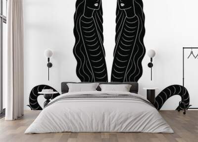 Symmetrical decor with two fantastic lady snakes in royal crowns. Lilith or Melusine. Medieval art. Black and white silhouette. Wall mural