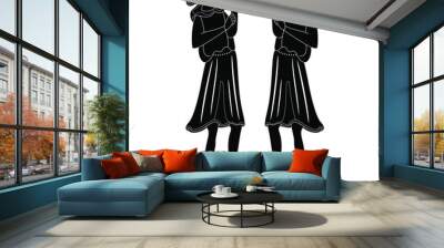 Symmetrical decor with two standing medieval men in Gothic costumes. Black and white silhouette. Wall mural