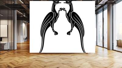 Symmetrical design or frame with two medieval dragons. Illuminated manuscript motif. Black and white negative silhouette. Wall mural