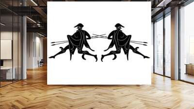 Symmetrical design or frame with two running ancient Greek men carrying spears. Black and white negative silhouette. Vase painting style. Wall mural