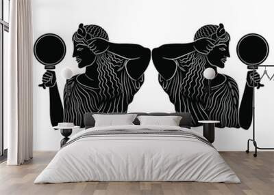 Symmetrical design with two combing ancient Greek girls holding mirrors. Black and white negative silhouette. Wall mural