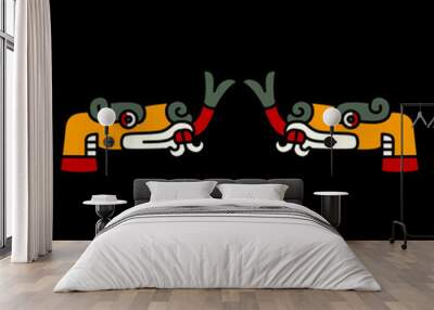 Symmetrical ethnic animal design with two stylized heads of snake or dragon with forked tongue. Native American art of Aztec Indians from Mexican codex. On black background. Wall mural